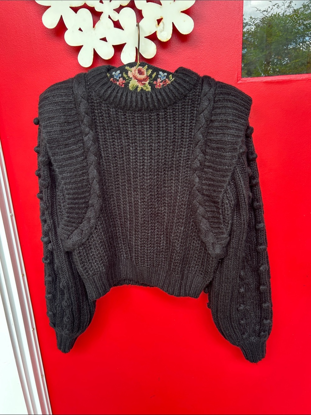 FARM Rio deep navy blue Chunky Cable-Trim Crew Sweater
